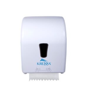 Kressa Autocut Hard Roll Paper Towel Dispenser, Wall Mounted, White, ABS Plastic, 16cm Roll Capacity, Emergency Feed Knob, Visible Window